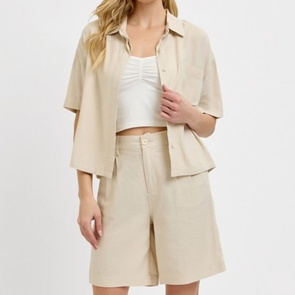 High-Rise Cream Bermuda Shorts